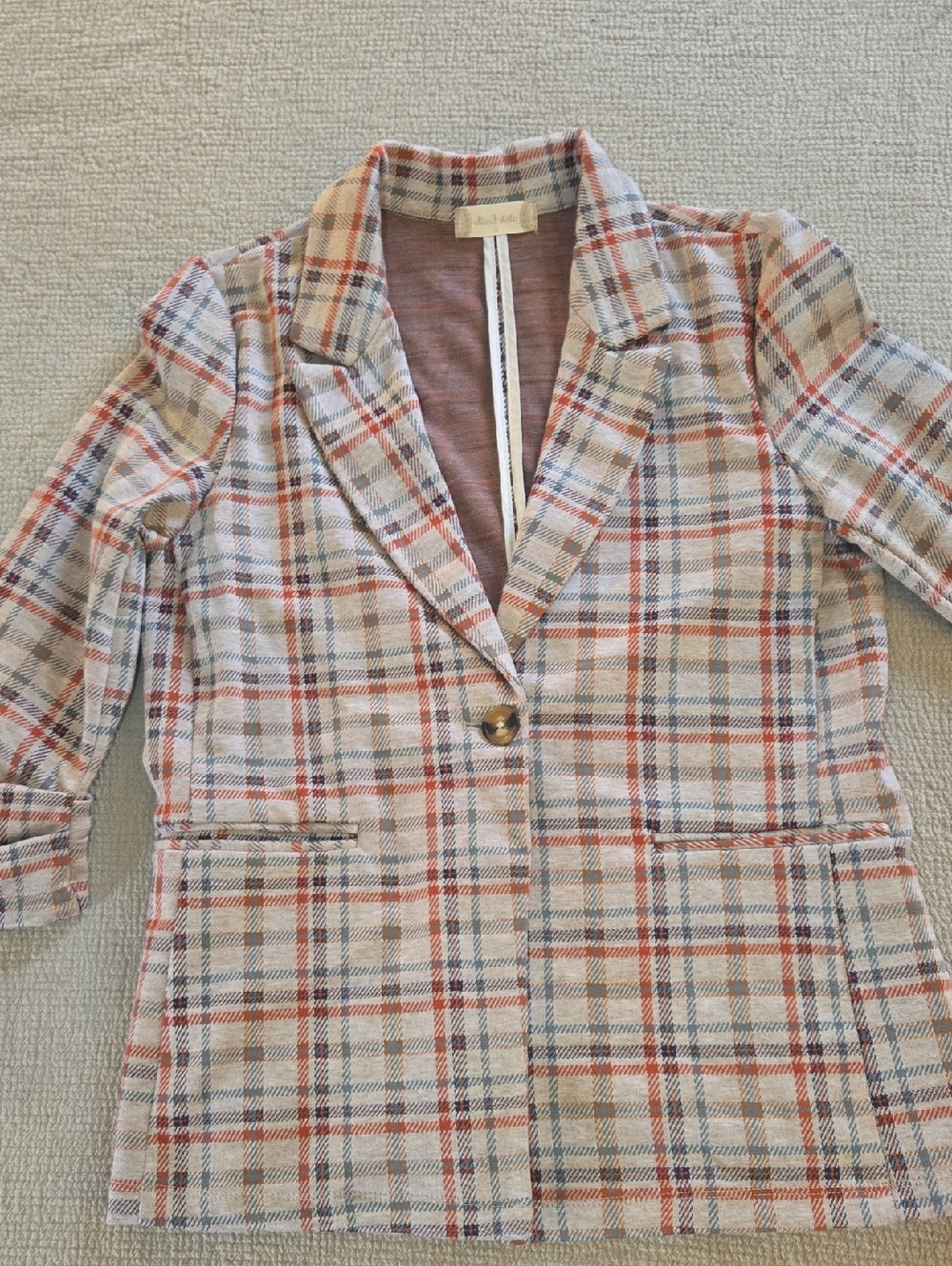 Altar'd State Cream Plaid Single-Button Blazer with Rust & Navy
